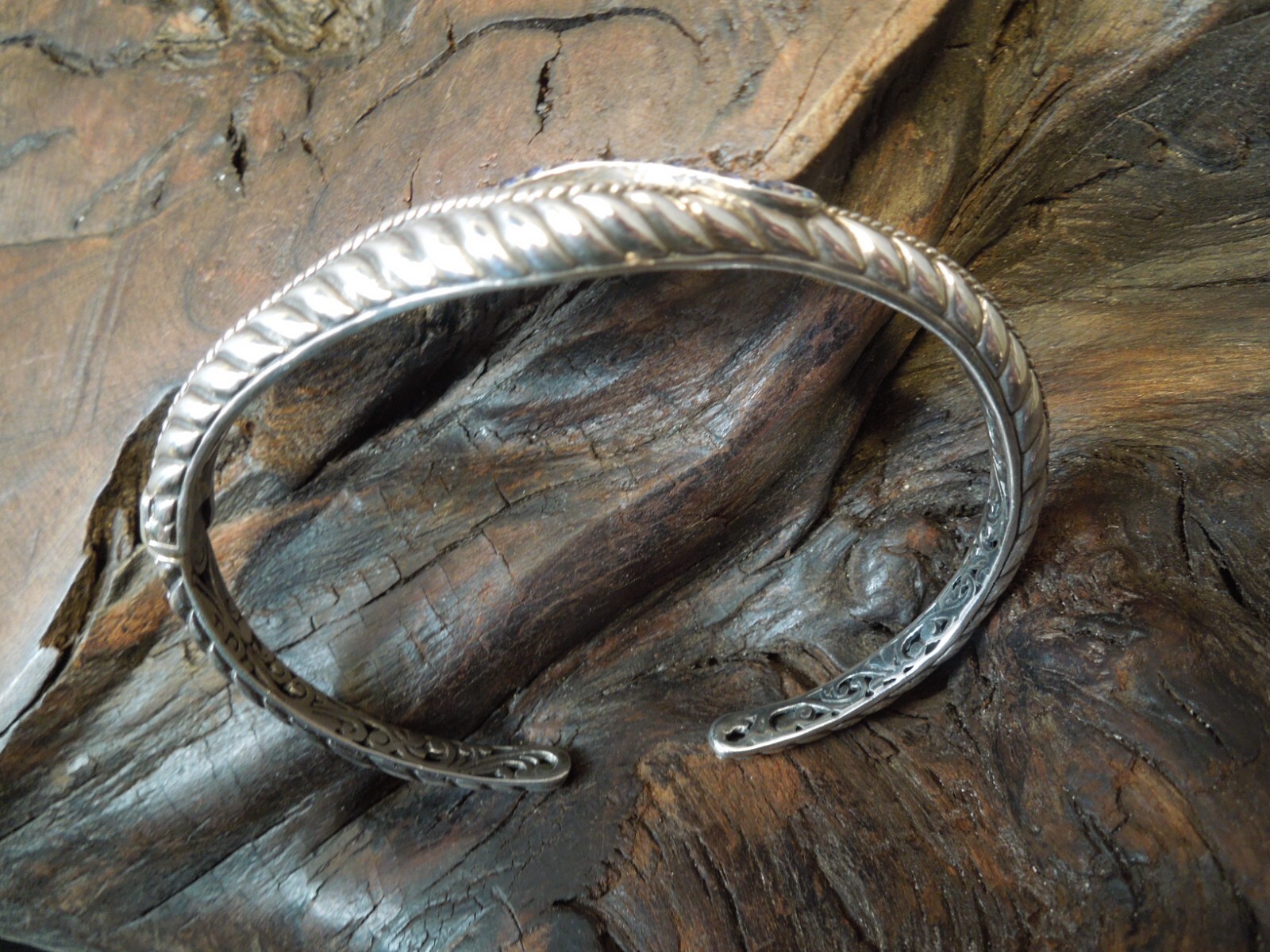 Vintage Robert Manse M ID 925 Sterling Silver Sapphire Hinged Cuff Bracelet