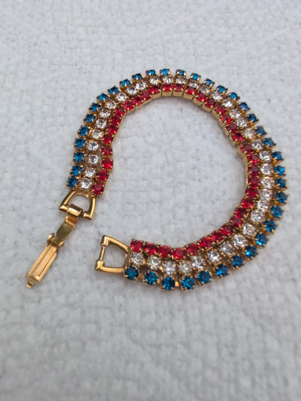 Vintage Red White & Blue Rhinestones Bracelet Clip On Earring Set 4th Of July