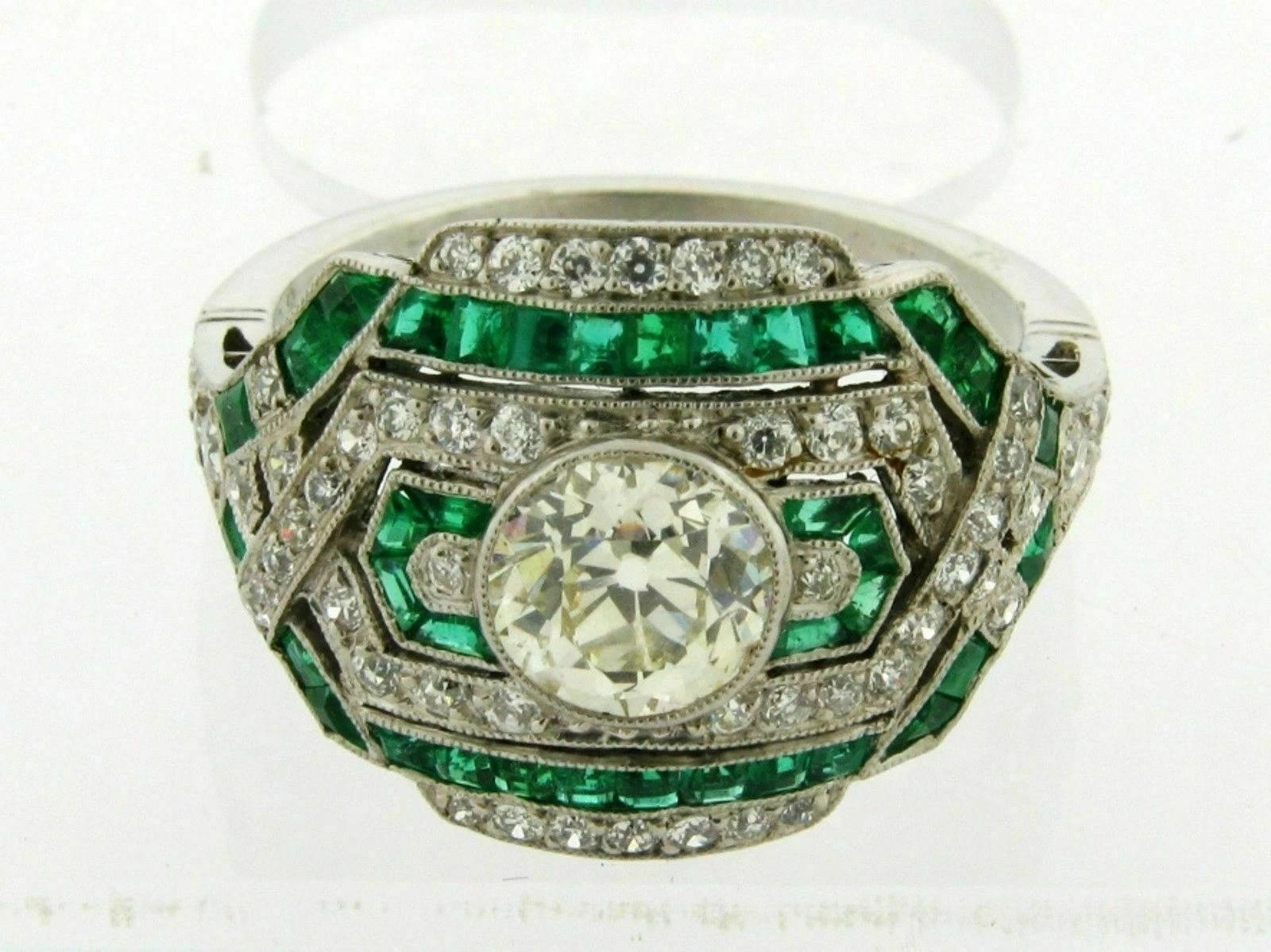 Art Deco Round Lab Created Diamond & Emerald Wedding 14K White Gold Finish Ring