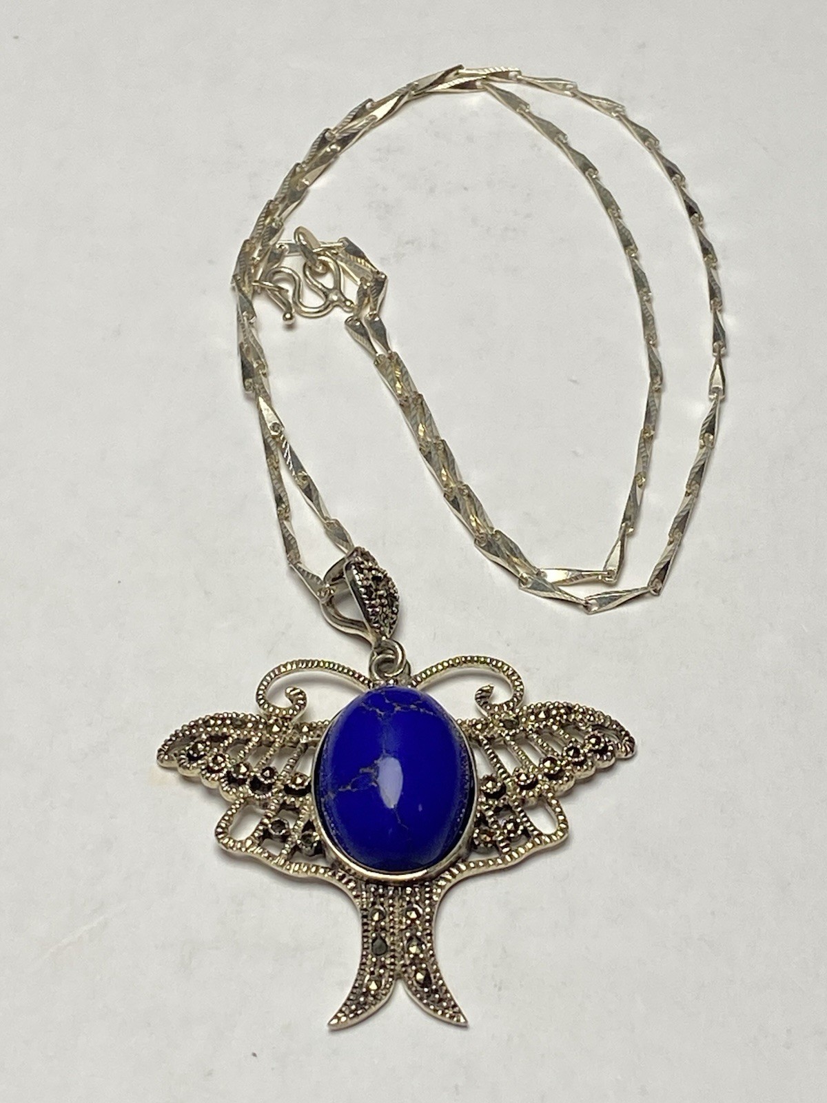 Vintage Sterling Silver 925 Butterfly Lapis Marcasite Pendant Necklace 20 in