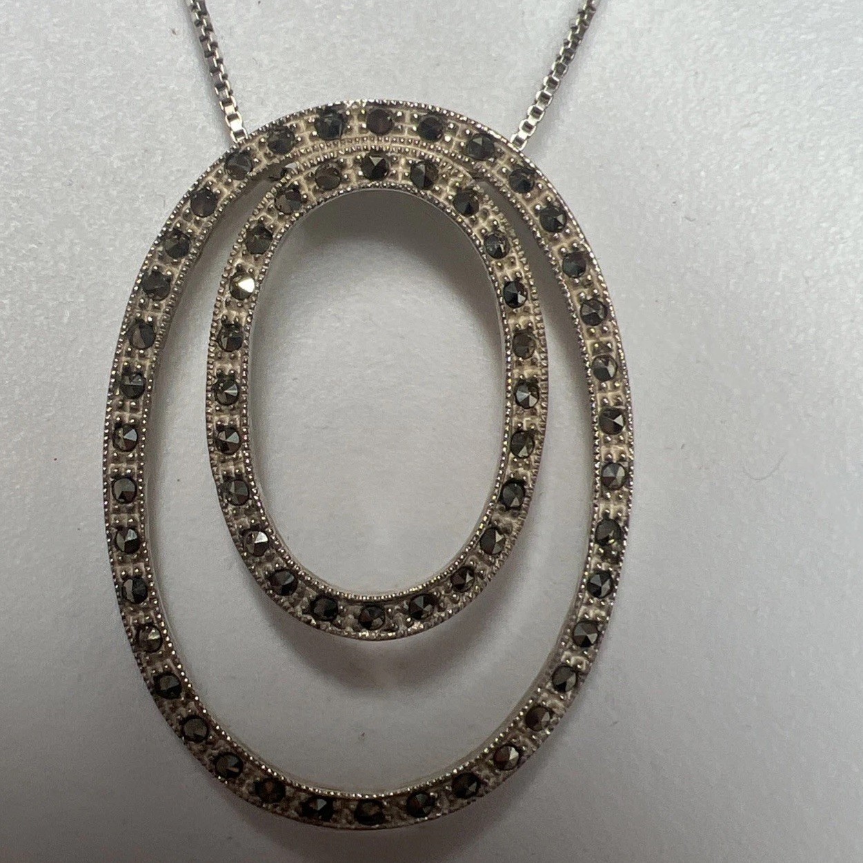 AGI Sterling Silver Double Oval Marcacite 1.5” Pendant Necklace 22” Chain ITALY