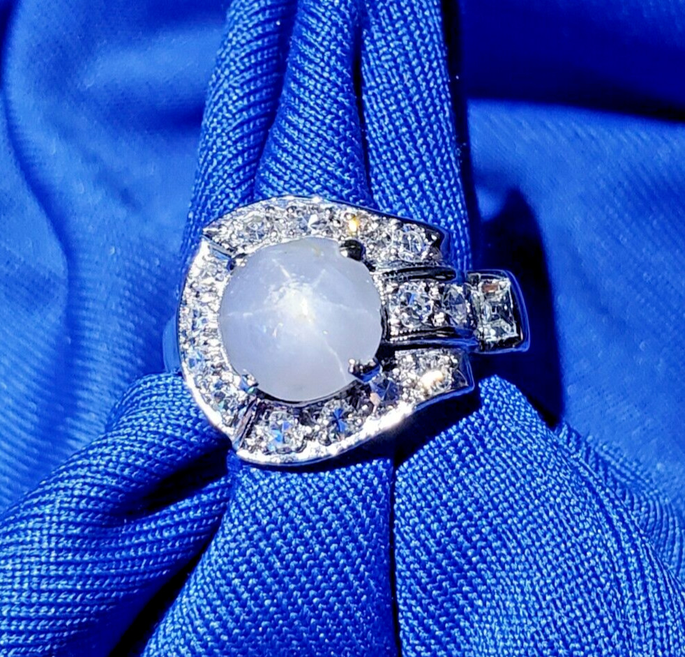EARTH MINED STAR SAPPHIRE DIAMOND ART Deco Engagement Ring SOLID 14K WHITE GOLD
