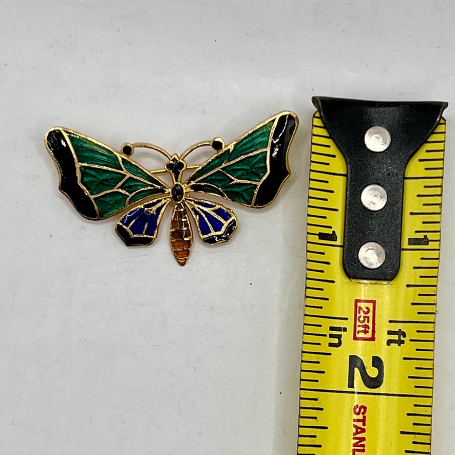 Enamel Butterfly Brooch Pin Vintage Goldtone Bright Blue Green Black Insect GVC