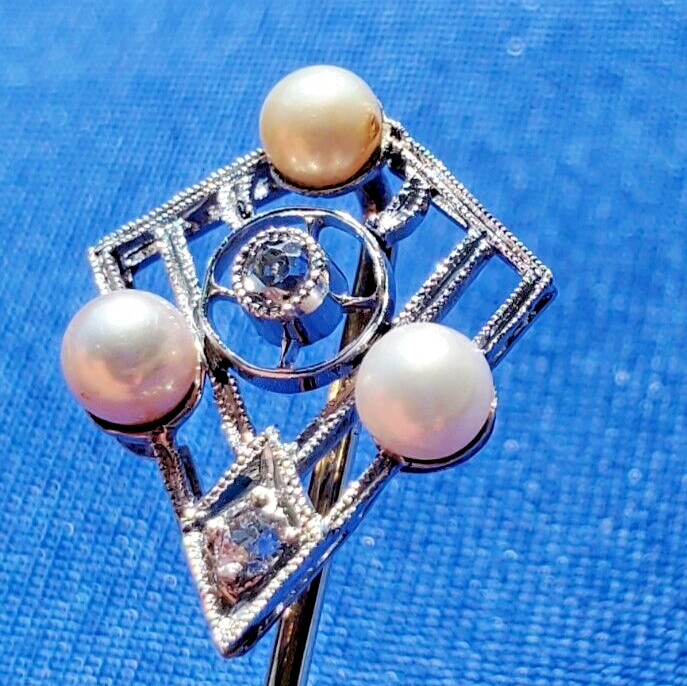 Original EARTH MINED DIAMOND Deco Gatsby era Pin Vintage Pearl 14K WHITE GOLD
