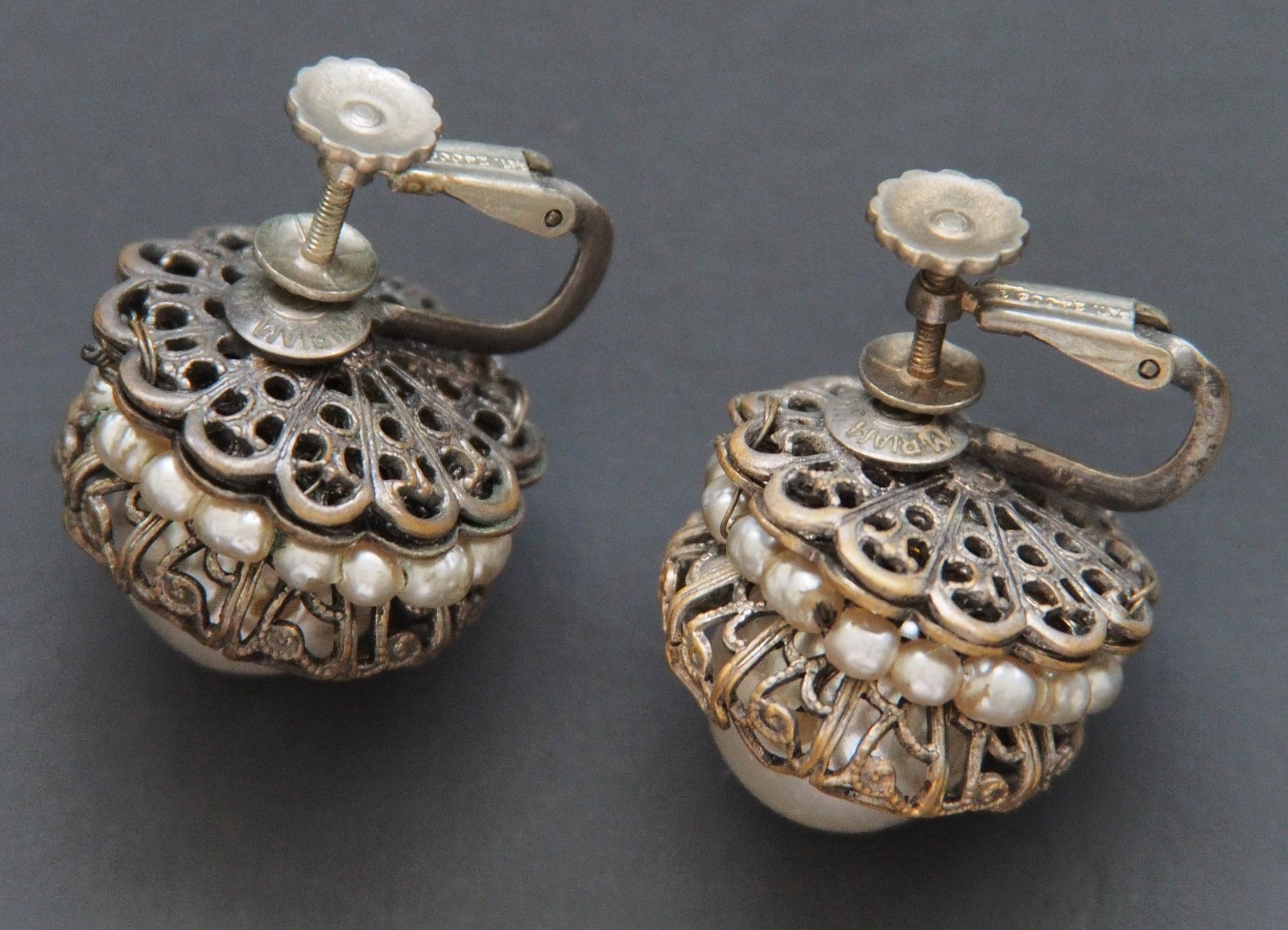 MIRIAM HASKELL Vintage Earrings Baroque Pearls Screw Back Signed