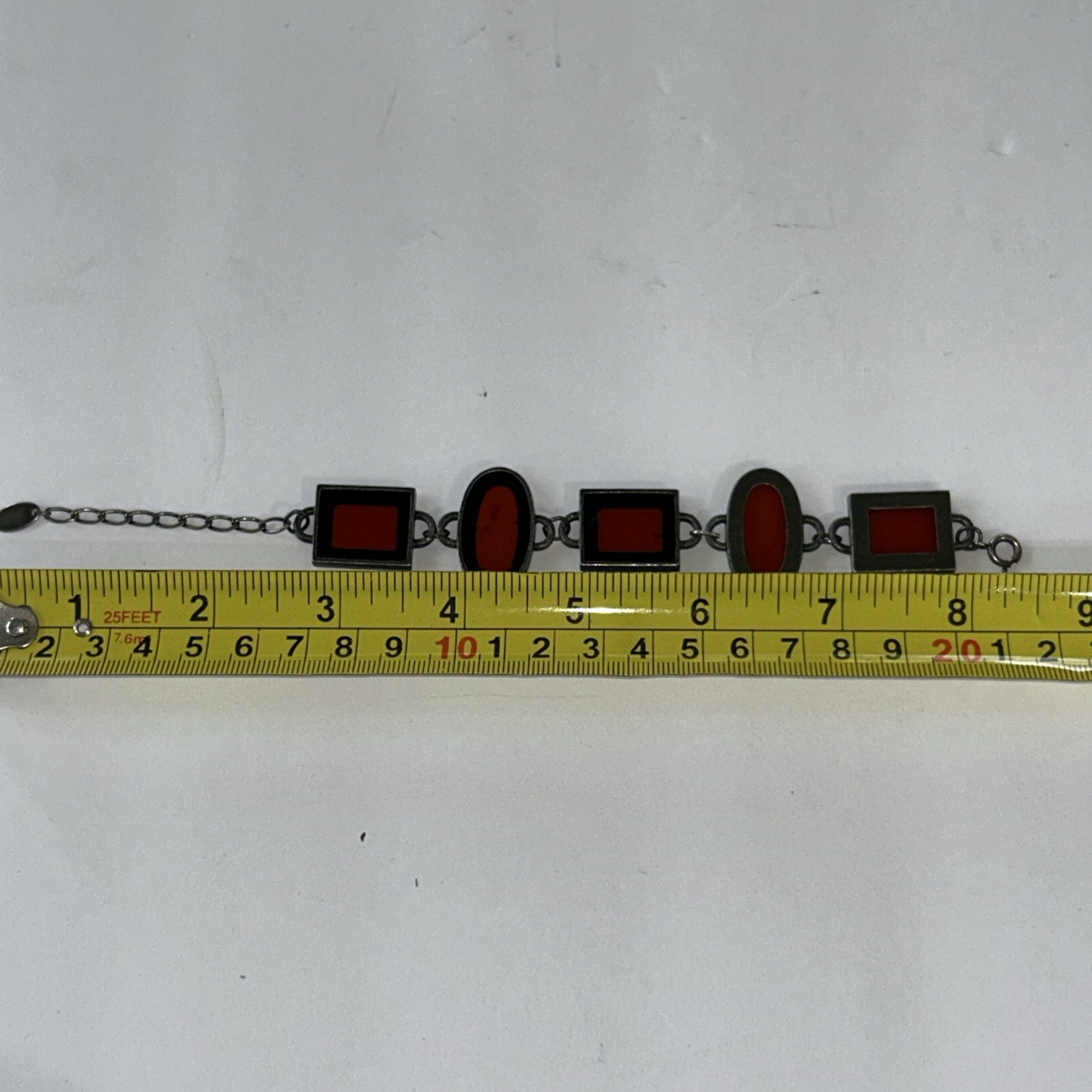 Vintage Bracelet Red Art Glass Retro Era Rectangle Silver Tone