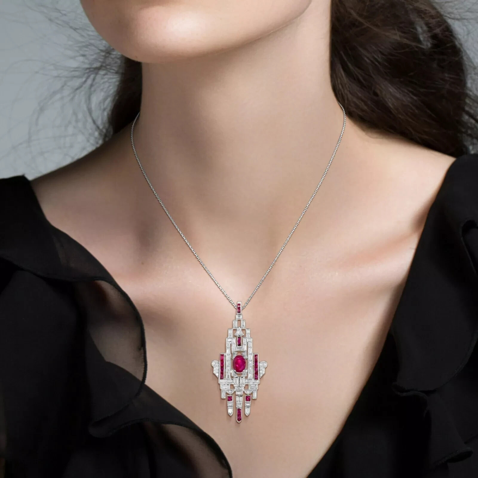 Art Deco Style Lab Created Ruby & Diamond Wedding Pendant 14k Yellow Gold Finish