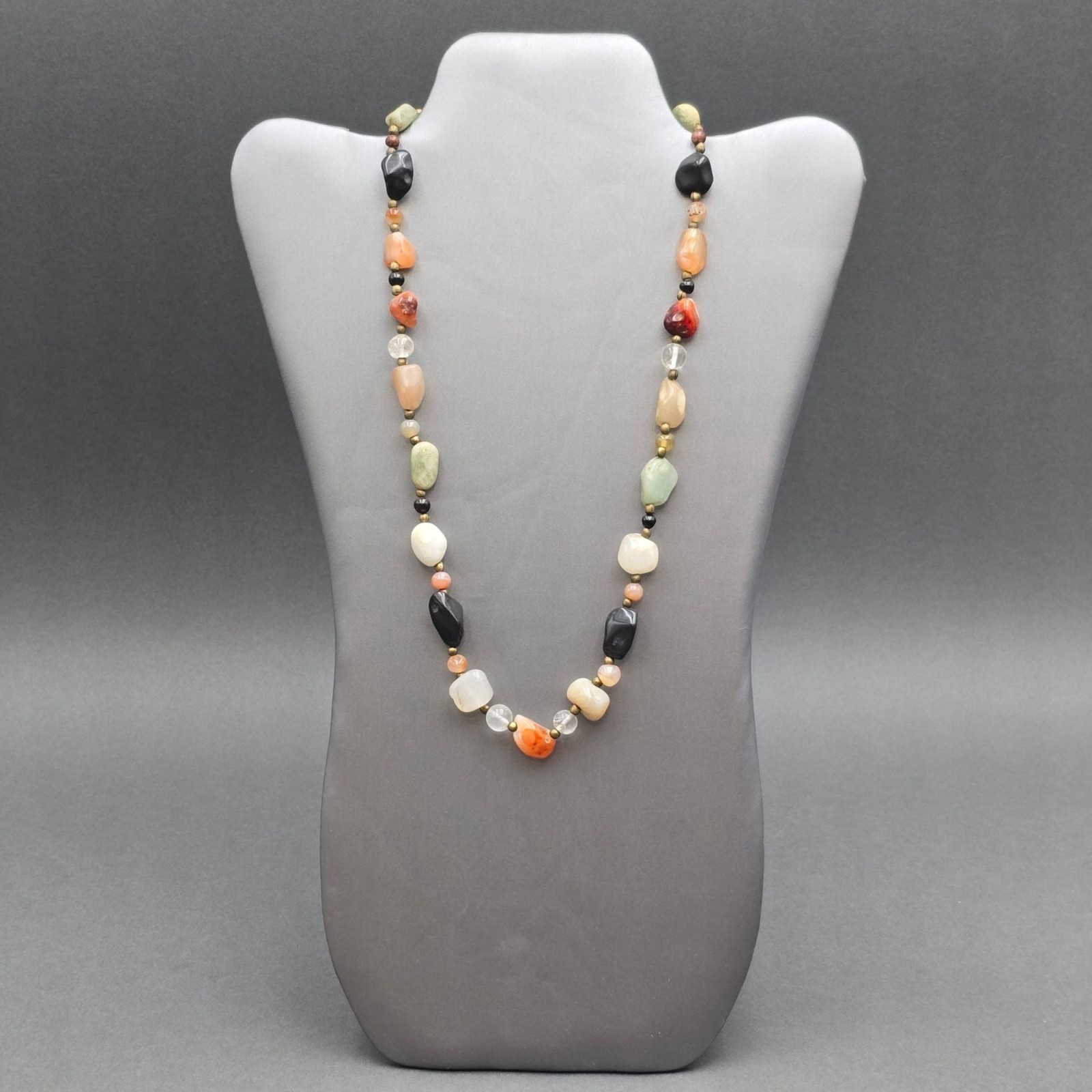 Vintage Multi Gemstone Beggar Bead Necklace 20″ Natural Stone Brass Accents