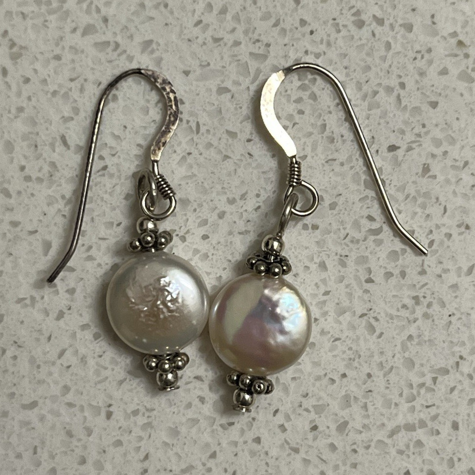 Vintage Freshwater Pearl Drop Dangle Earrings White Button Pearls