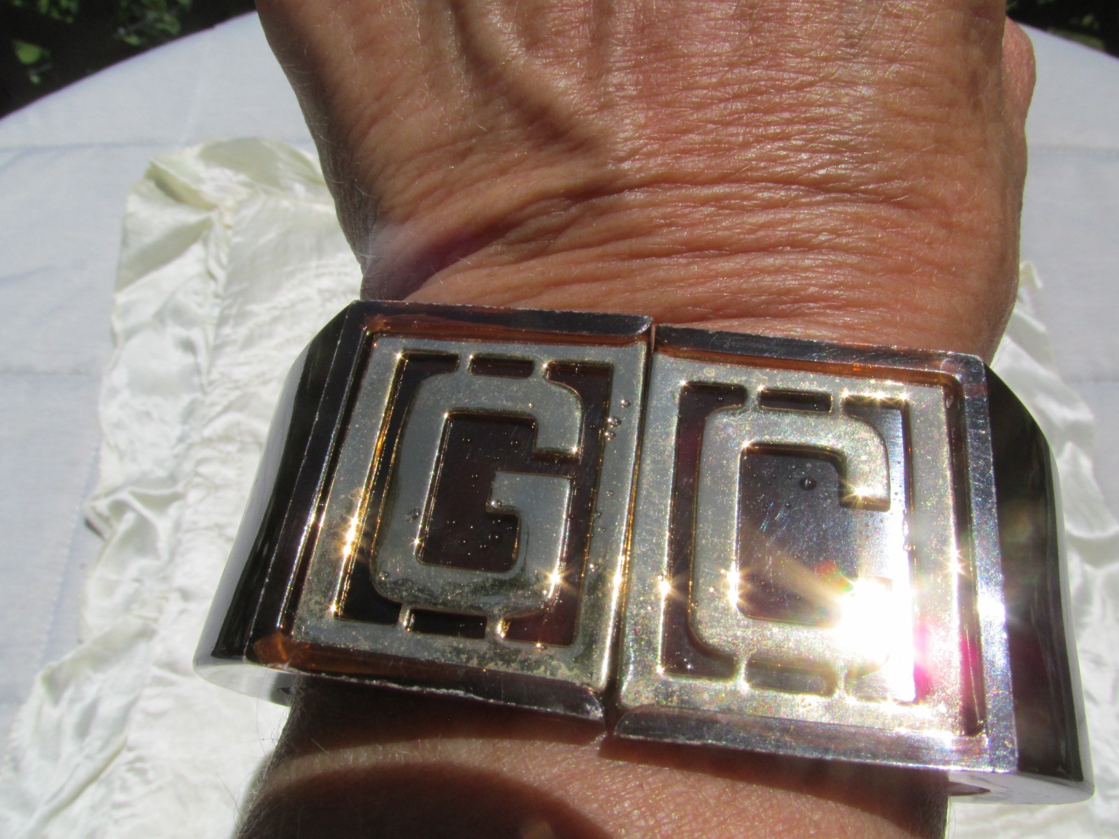 Vintage Lucite Clamper Bracelet GC Initials Brown 6.5″ Gold Plated Statement