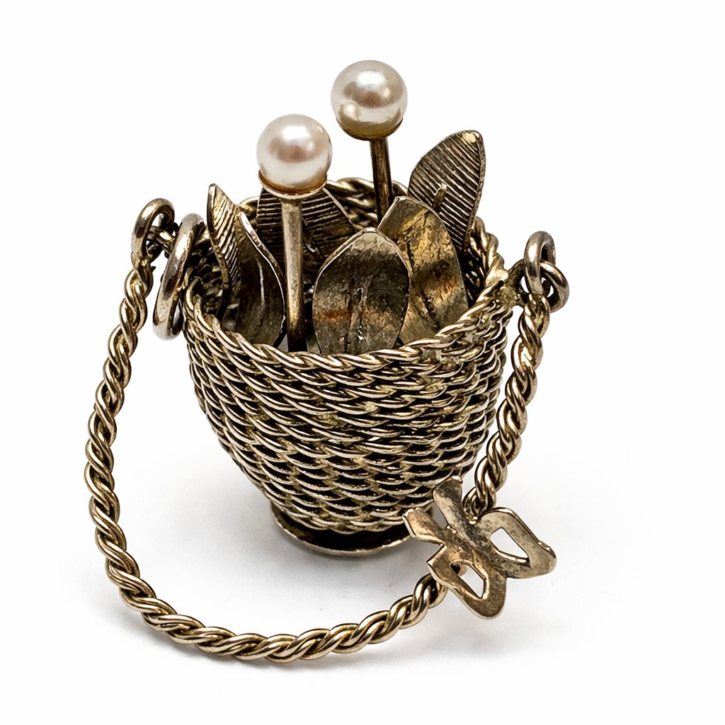 Vtg Wells Sterling Flower Basket Charm 3D Pearl Flowers Leaves Handle Bow