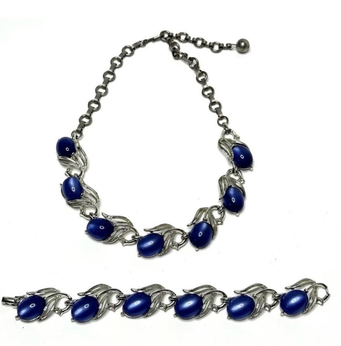Vtg 1950s Lisner Signed Cobalt Blue Cabochon Leaf Necklace Bracelet Demi Parure