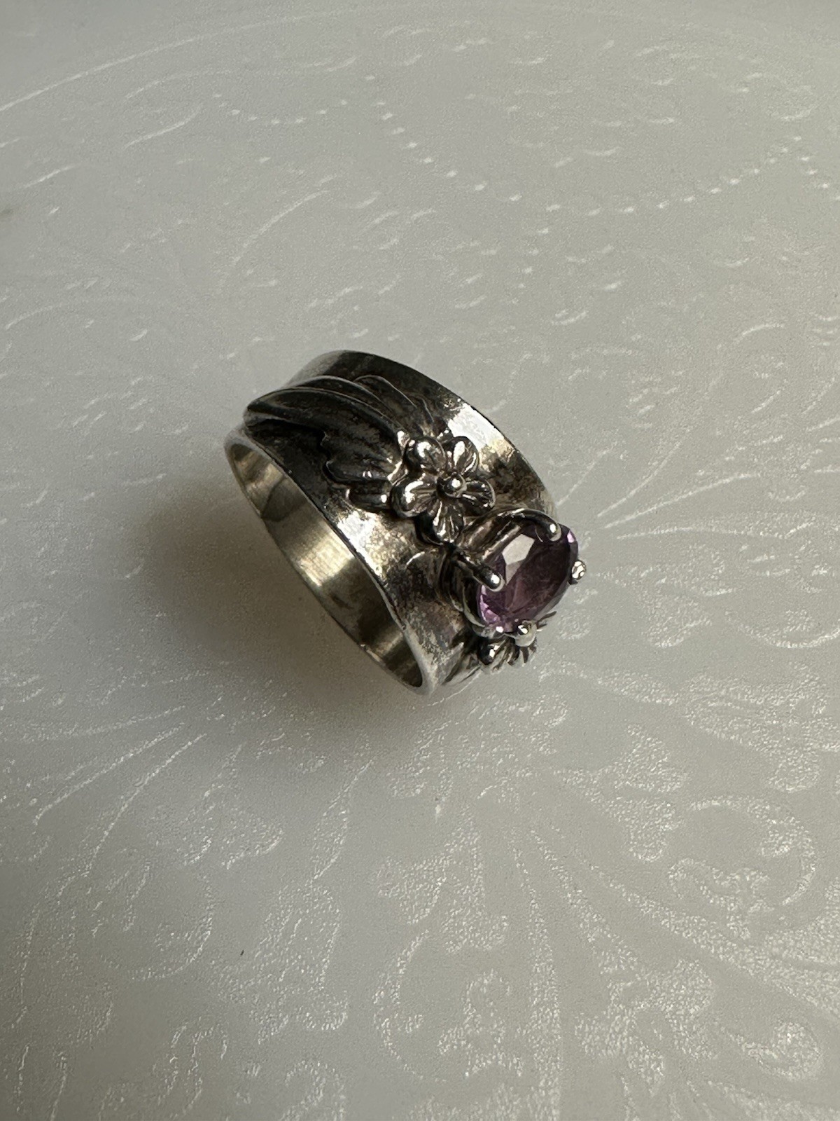 Vintage Sterling Silver Amethyst Floral Flower Ring Signed Sz 6 3/4 Elegance