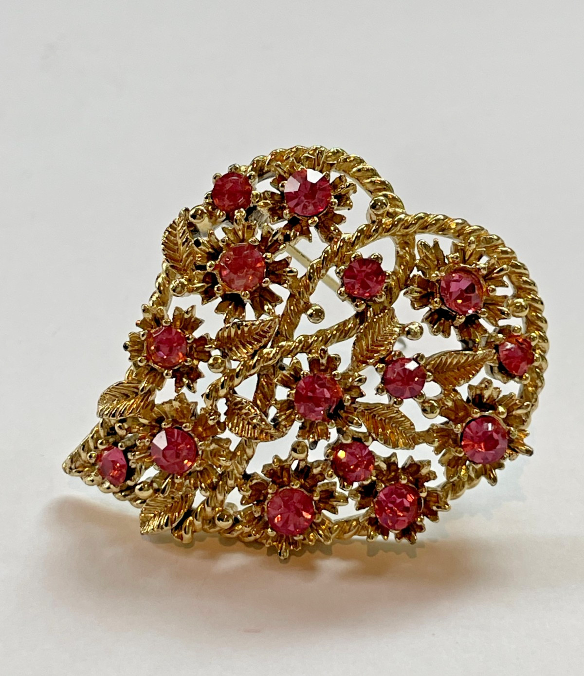 Vintage Pink Rhinestone Heart Brooch | Gold Filigree | 1950s | 2″