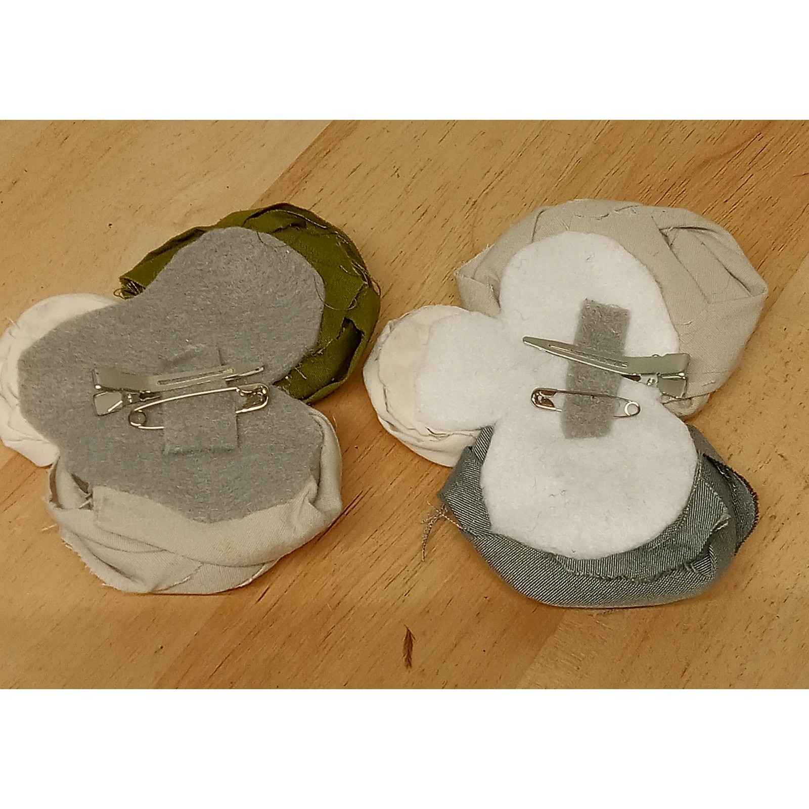 2 HandCrafted Fabric Flowers Brooch Pin Textile 5in. Muted Colors