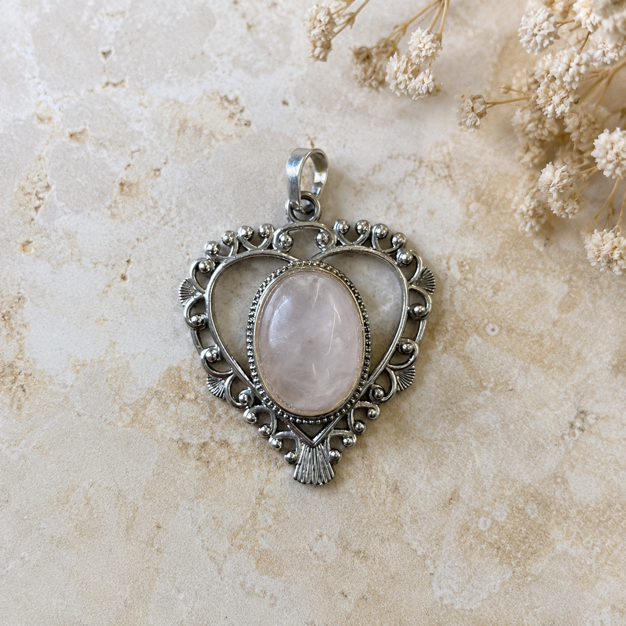 Vintage Rose Quartz Heart Pendant Silver Tone Filigree Statement Necklace Charm