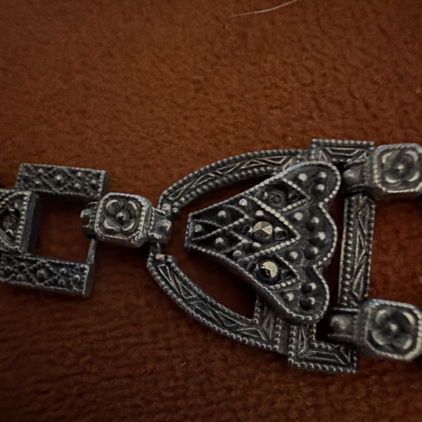 Vintage Art Deco Sterling Silver Carnelian Marcasite Panel Link Bracelet 1930s
