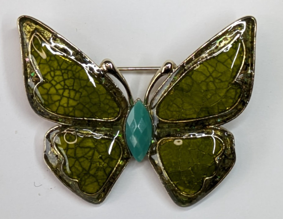 VTG Liz Claiborne Green Enamel Blue Rhinestone Butterfly Statement Brooch Pin
