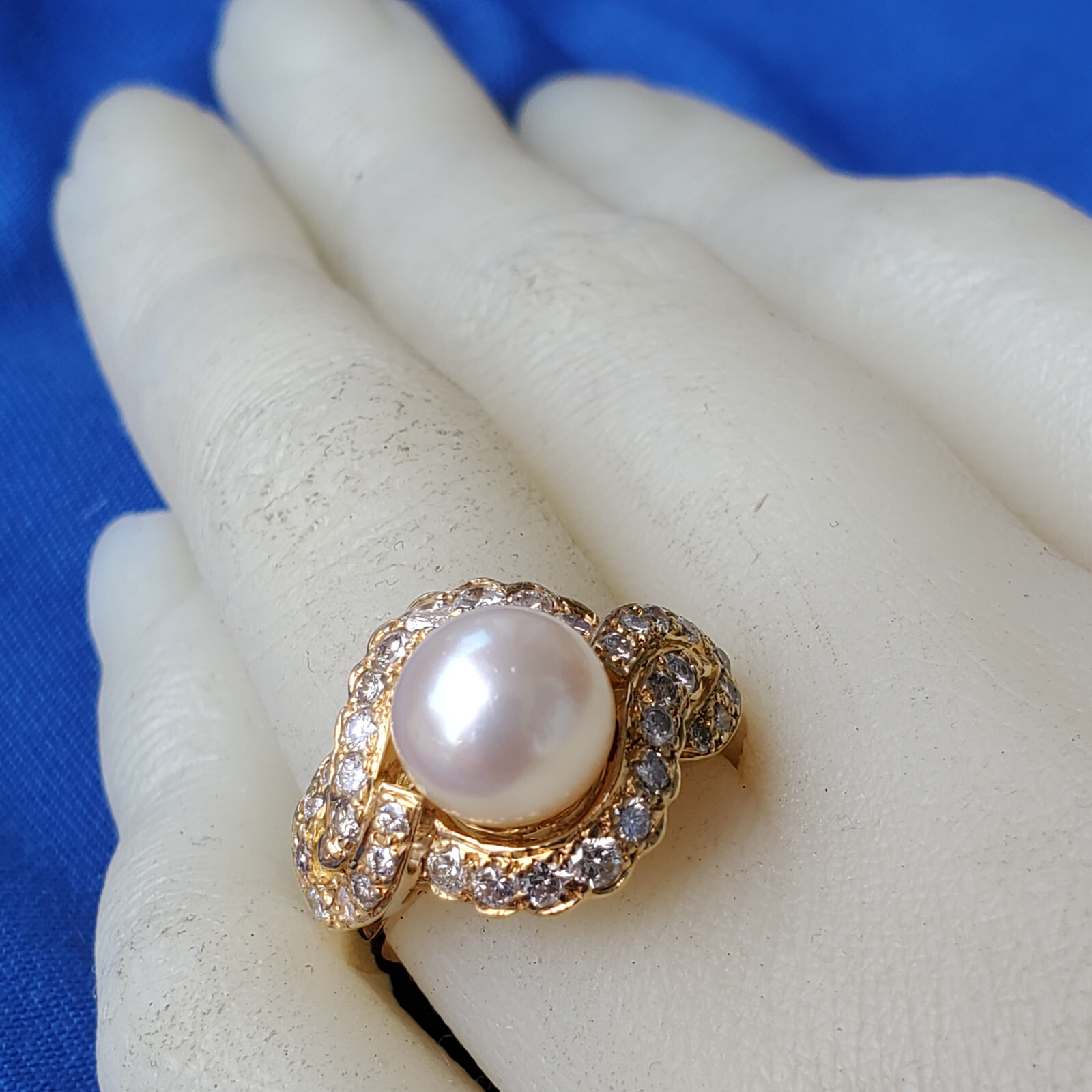 Original EARTH MINED DIAMOND Pearl Deco Engagement Ring Statement SOLID 18K GOLD