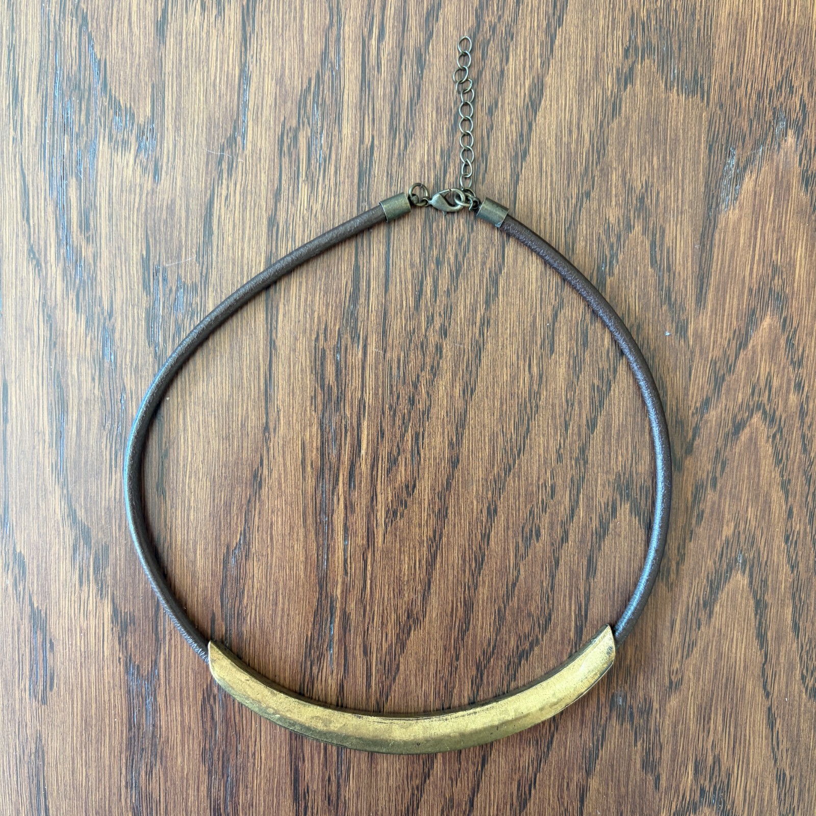 Vintage, Brass & Genuine Leather Collar Necklace, 17”(L) + 2” Extension