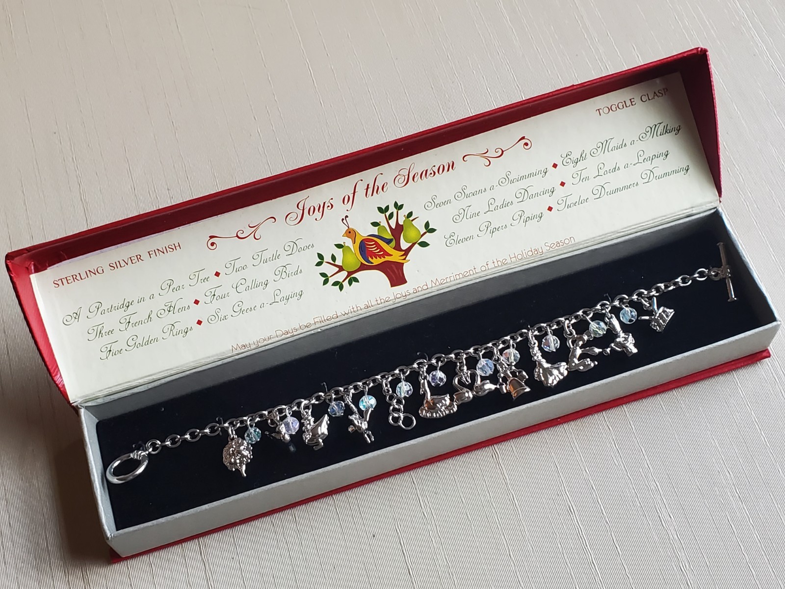 12 Days Of Christmas Charm Bracelet Sterling Silver Finish Toggle Clasp In Box