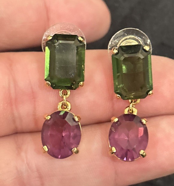Swarovski Pierced Earrings Green & Purple Crystals Signed Dangle Fantastic