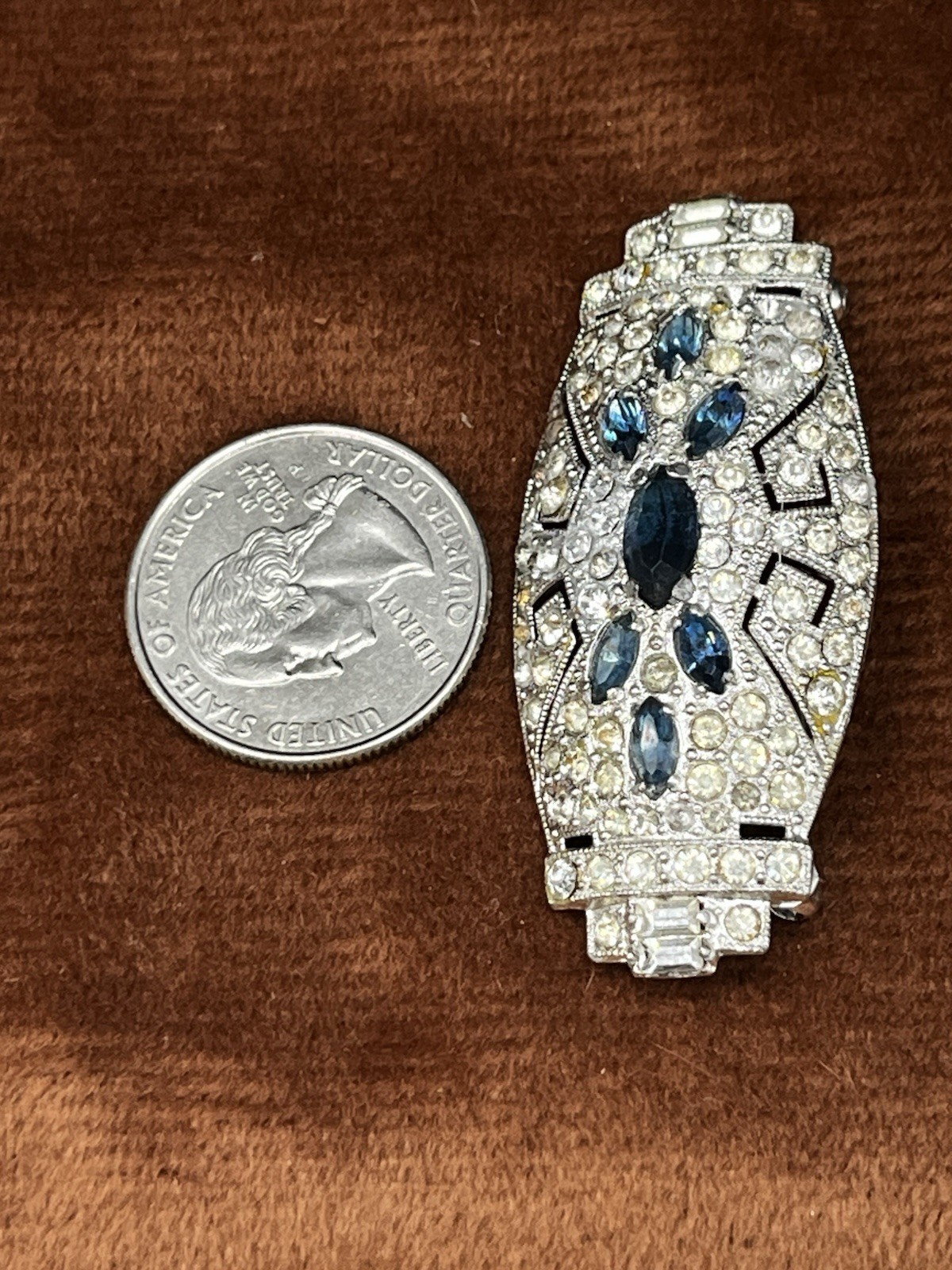 Art Deco Blue Uranium Glow Clear Paste Brooch w/ Baguette & Pavé Rhinestones 2”