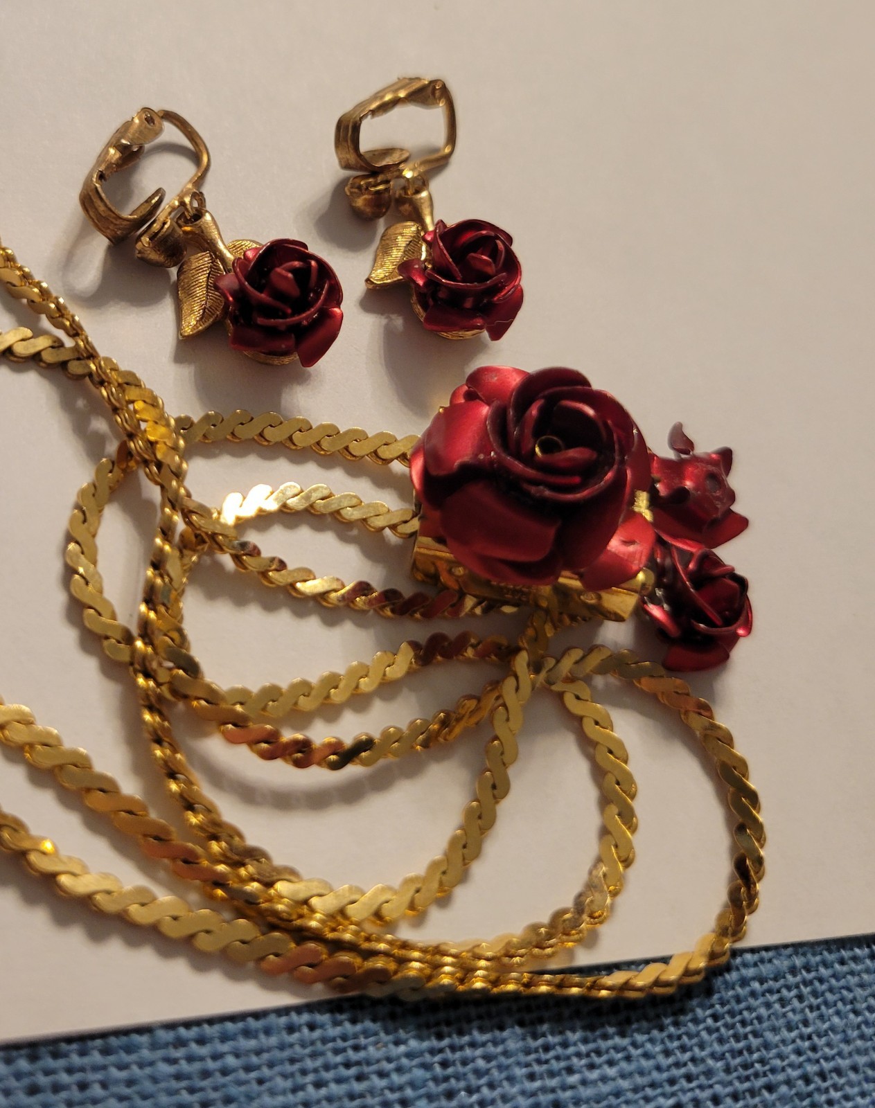 Vintage Metal Enameled RED Rose Jewelry Set Necklace & Earrings with Patent No.
