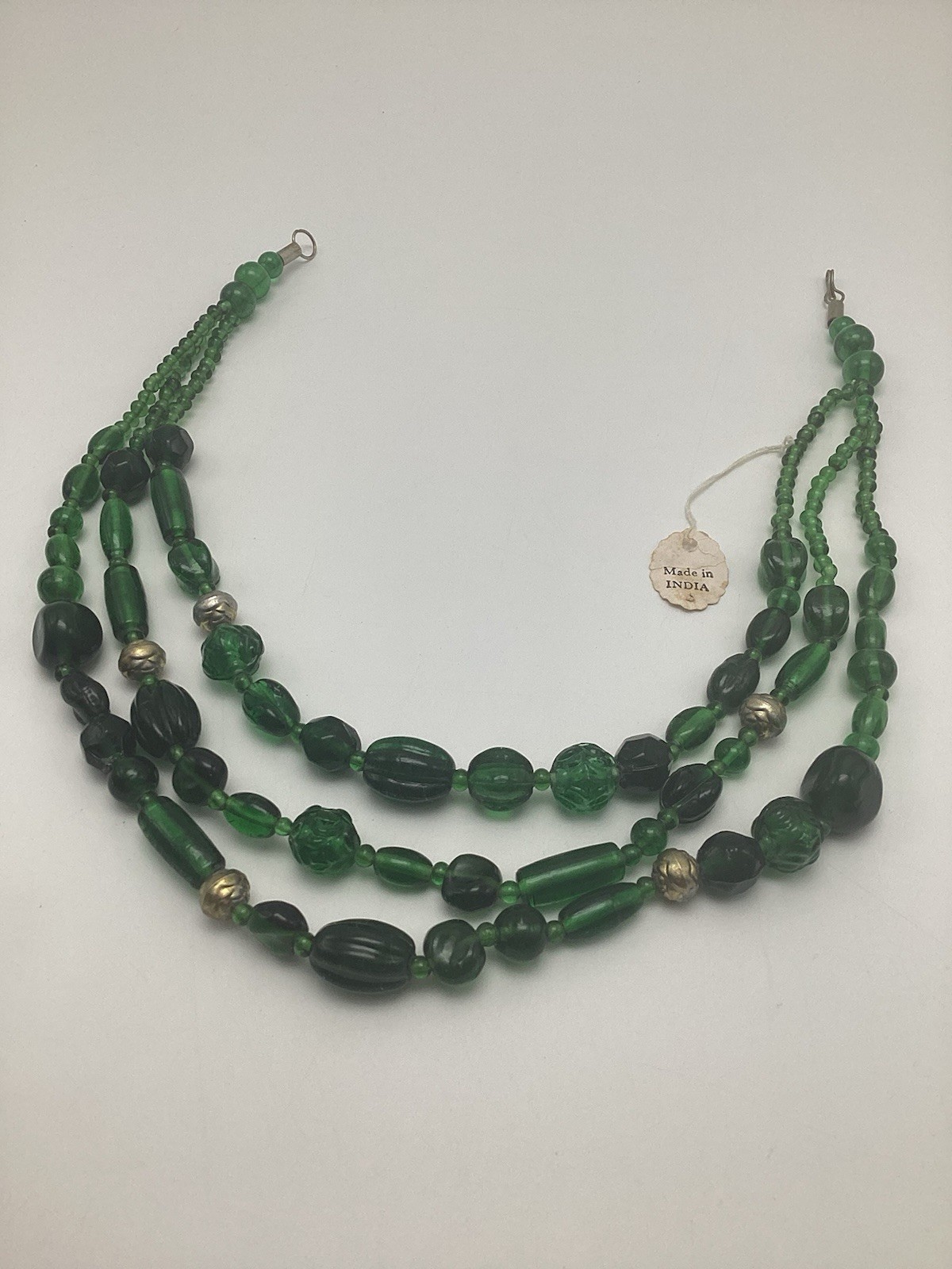 Vintage Emerald Green Glass Beaded Multi 3 Strand Necklace Made In India 19”