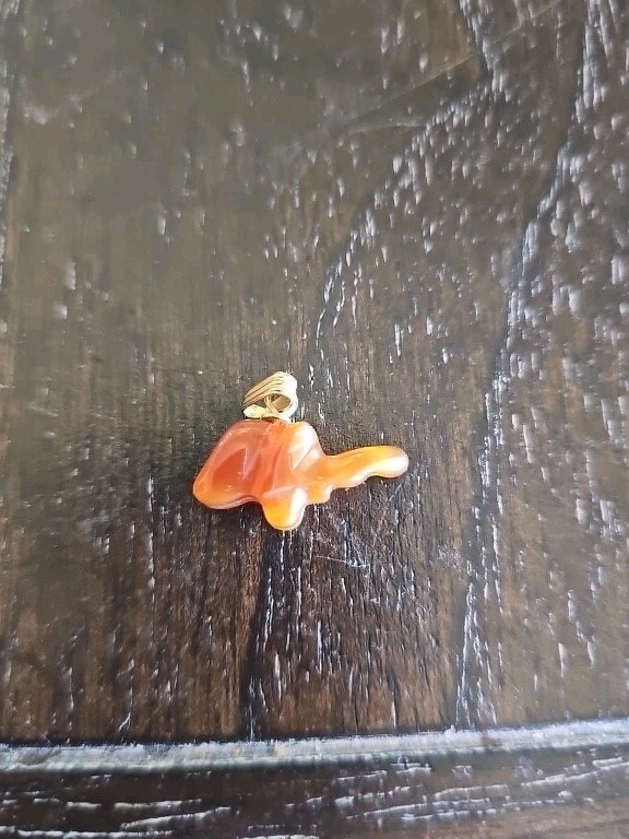 Vintage Carved Carnelian Agate Elephant Charm Pendant Lucky Trunk Up Gold Tone