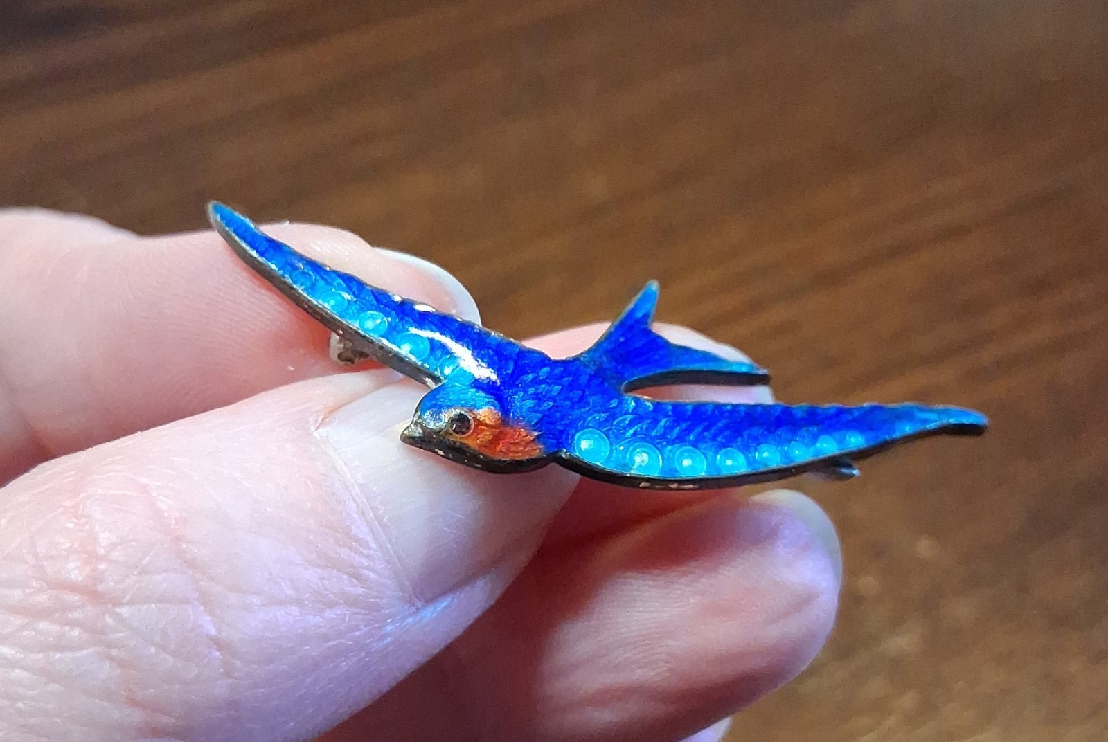 Antique Guilloche Enamel Bluebird Pin Brooch Slight Damage See Pics/Description