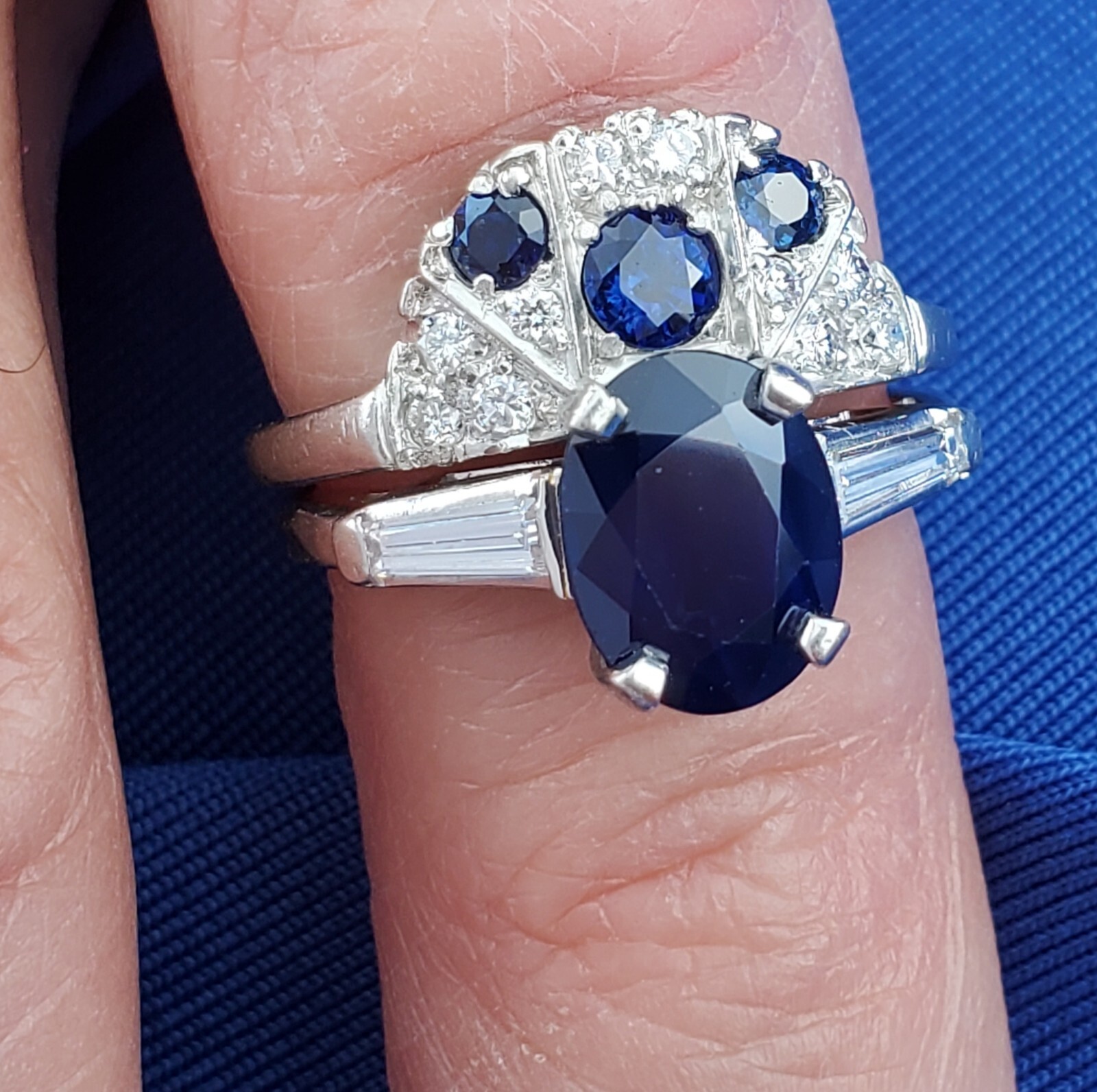 EARTH MINED SAPPHIRE DIAMON Deco Wedding Band Unique Vintage SOLID PLATINUM Ring