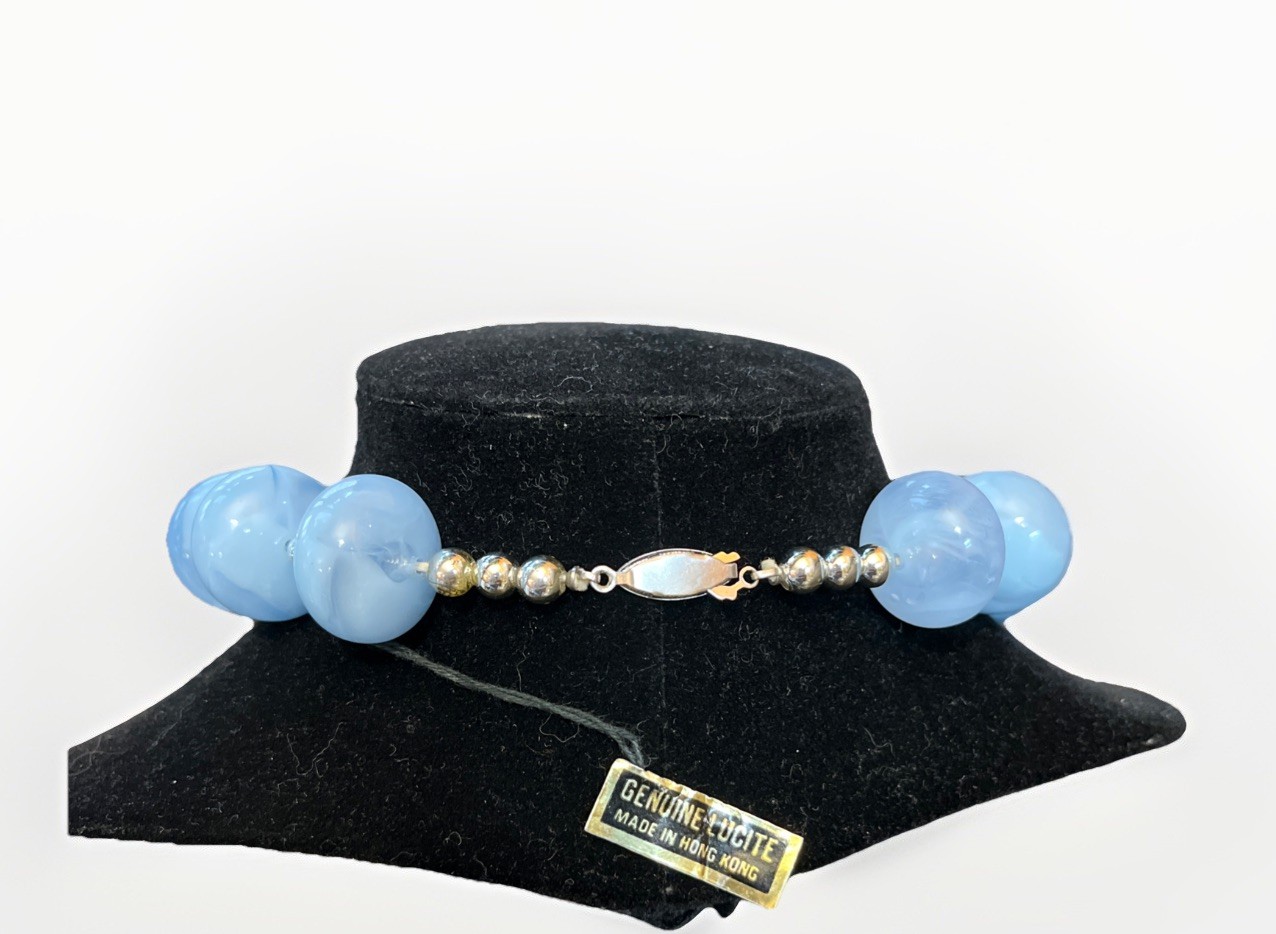 Geniune Lucite Necklace Chunky Collar Pale Blue Silver Tone Made In Hong Kong