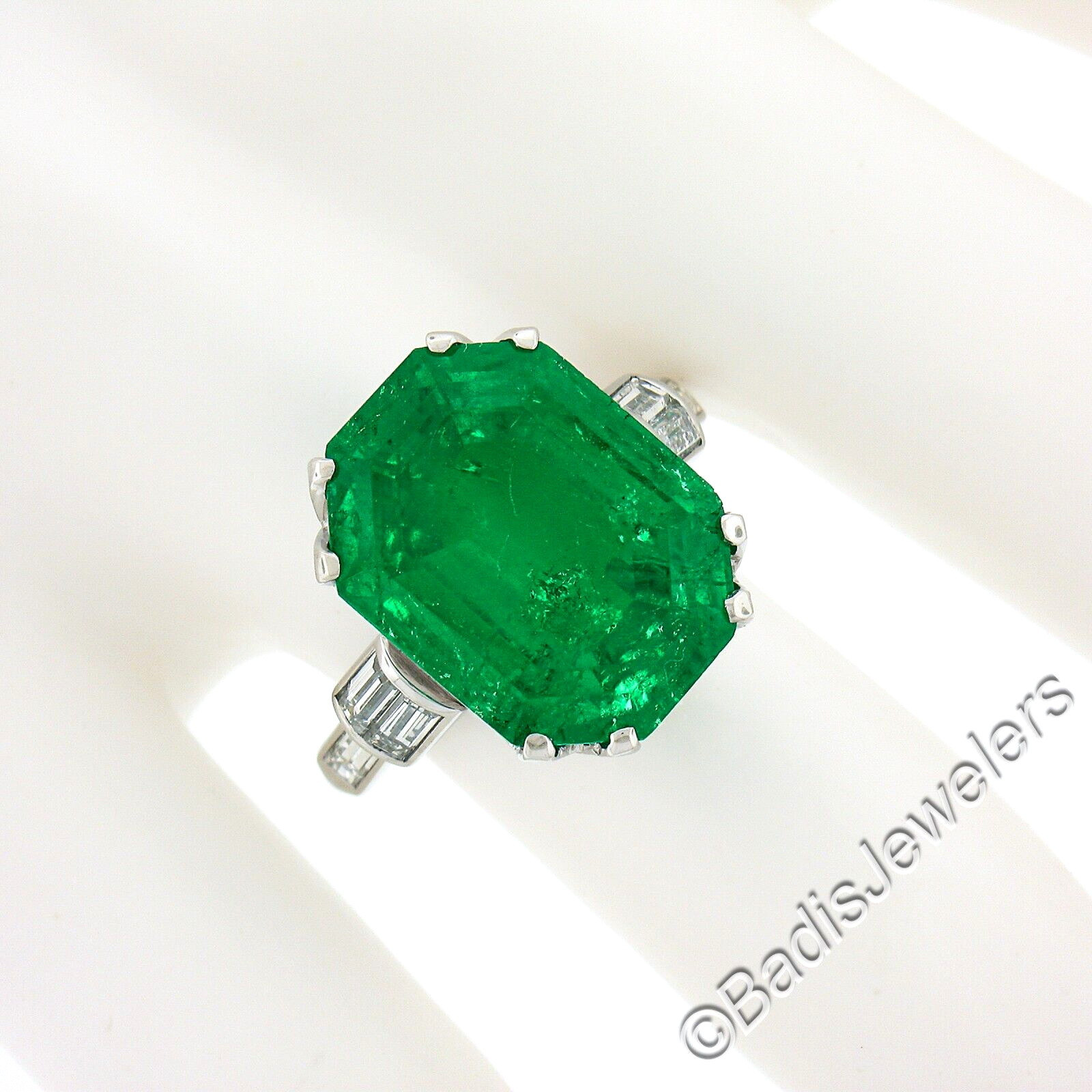 Vintage Platinum 12.16ct AGL Emerald Cut Colombian Emerald Diamond Cocktail Ring