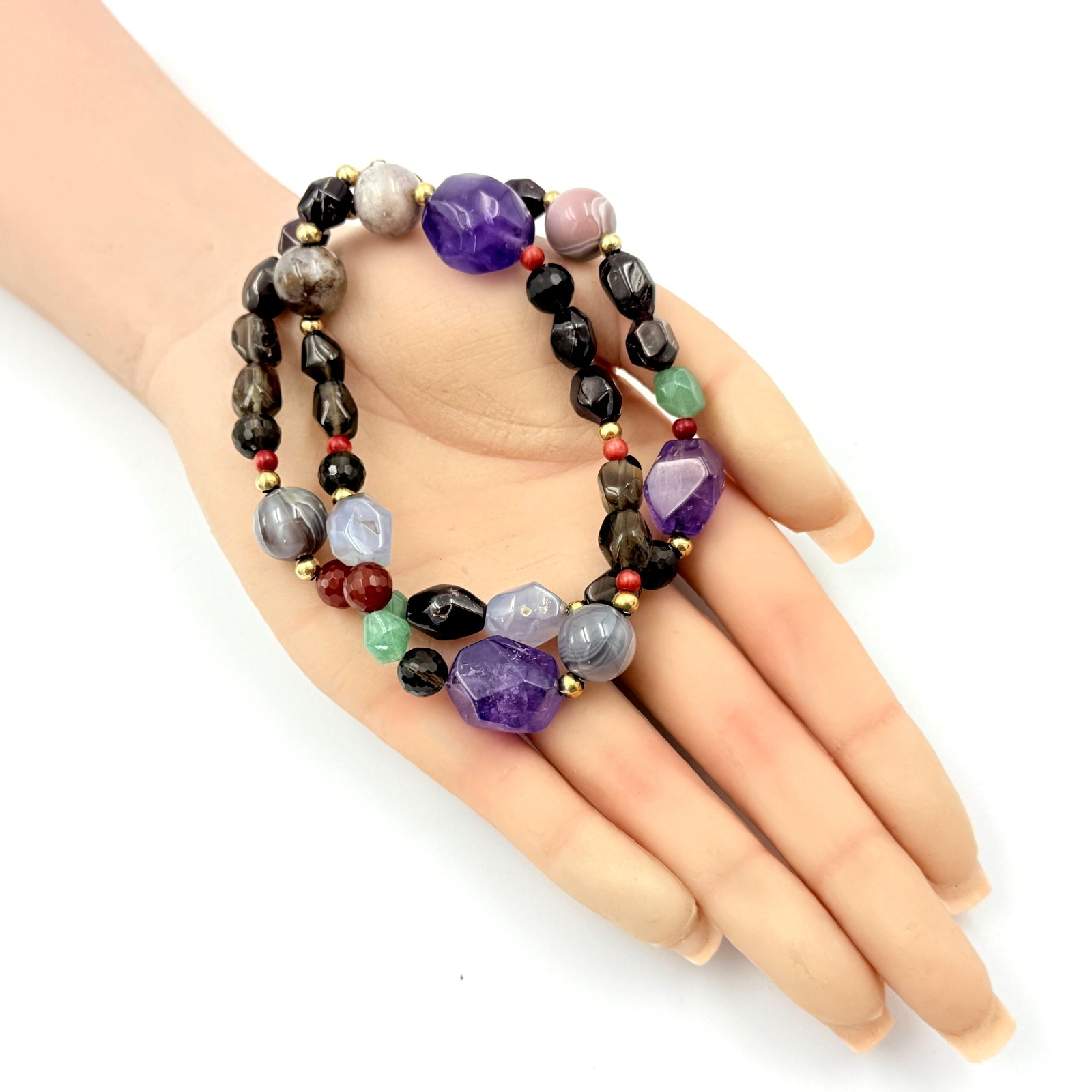 Spectacular 14K Gold Amethyst Garnet Quartz Chalcedony Beaded Necklace
