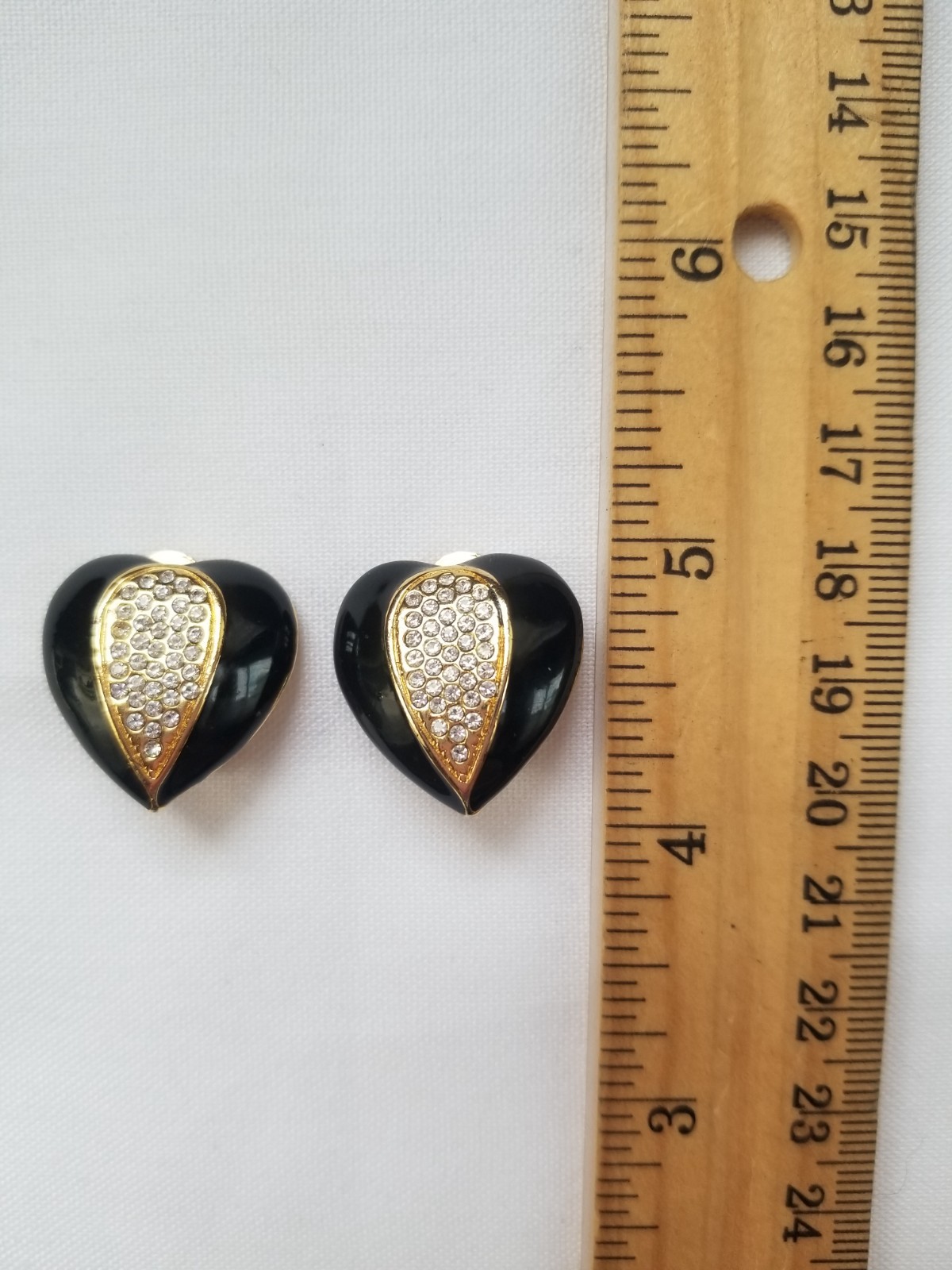 Vintage Black Enamel Heart Clip On Earrings with Pave Crystals Center Goldtone