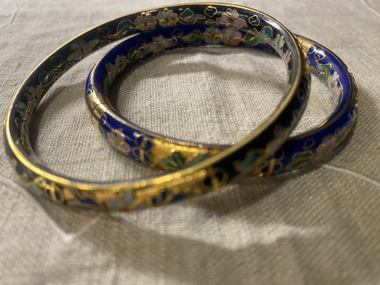 Vintage Cloisonné Floral Enamel Bangle Bracelets Navy/Green/Gold/Pink