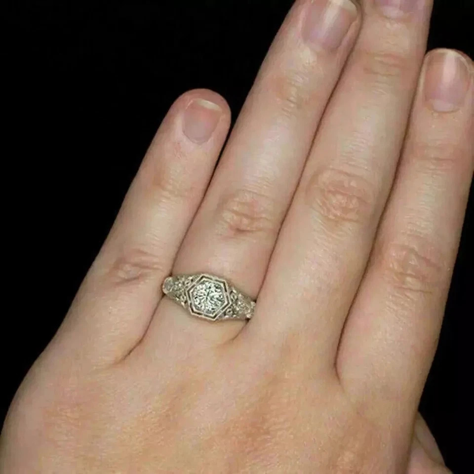 Art Deco Vintage Style Round Lab Created Diamond Engagement Ring 14K Gold Finish