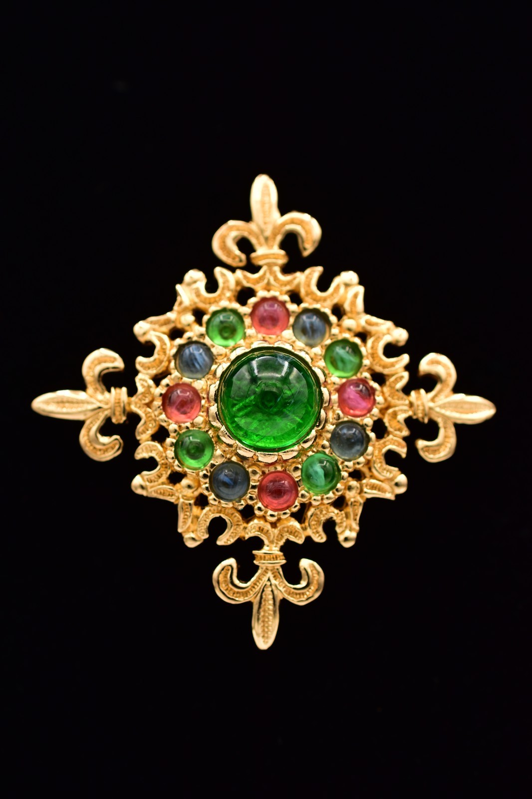 Christian Dior Vintage Byzantine Maltese Cross Brooch Cabochon Pin Signed Bin1