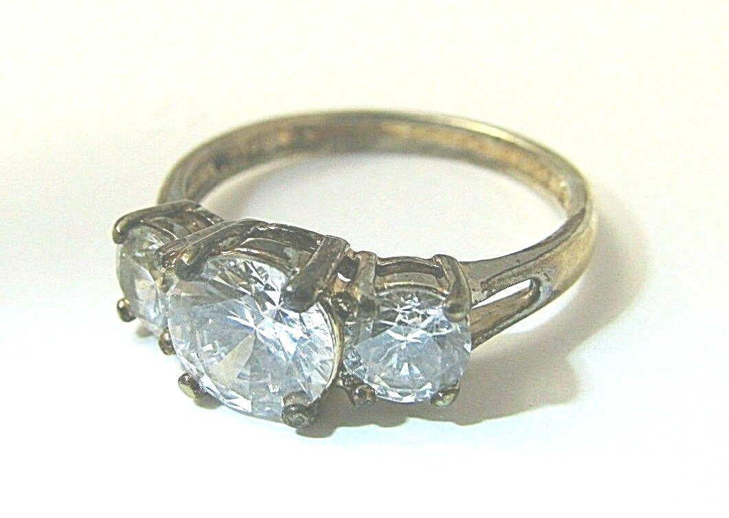 GOLD PLATED STERLING SILVER RING THREE CZ CUBIC ZIRCONIA 3 IDEAL ROUND CUT Sz 8
