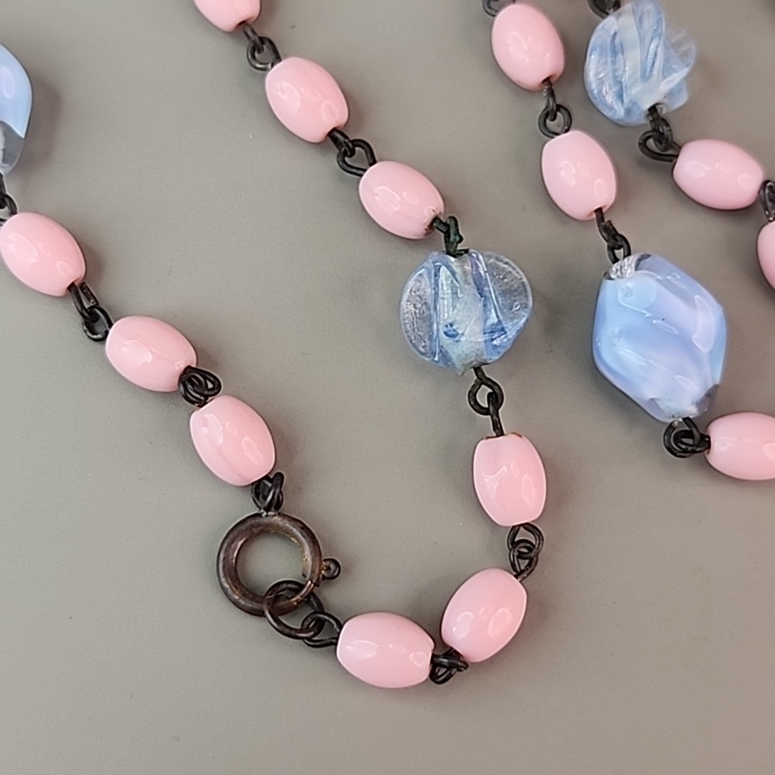 Vintage Art Deco Beaded Necklace Blue Givre Pink Milk Glass 59″ Long Flapper