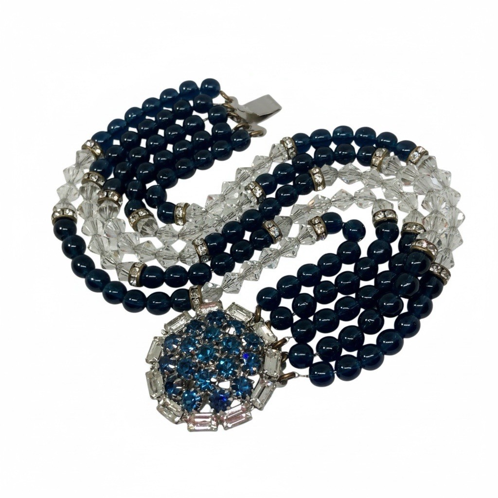 Vintage HOBÉ Multi Strand Bracelet Sapphire Blue & Crystal Bead Rhinestone Clasp