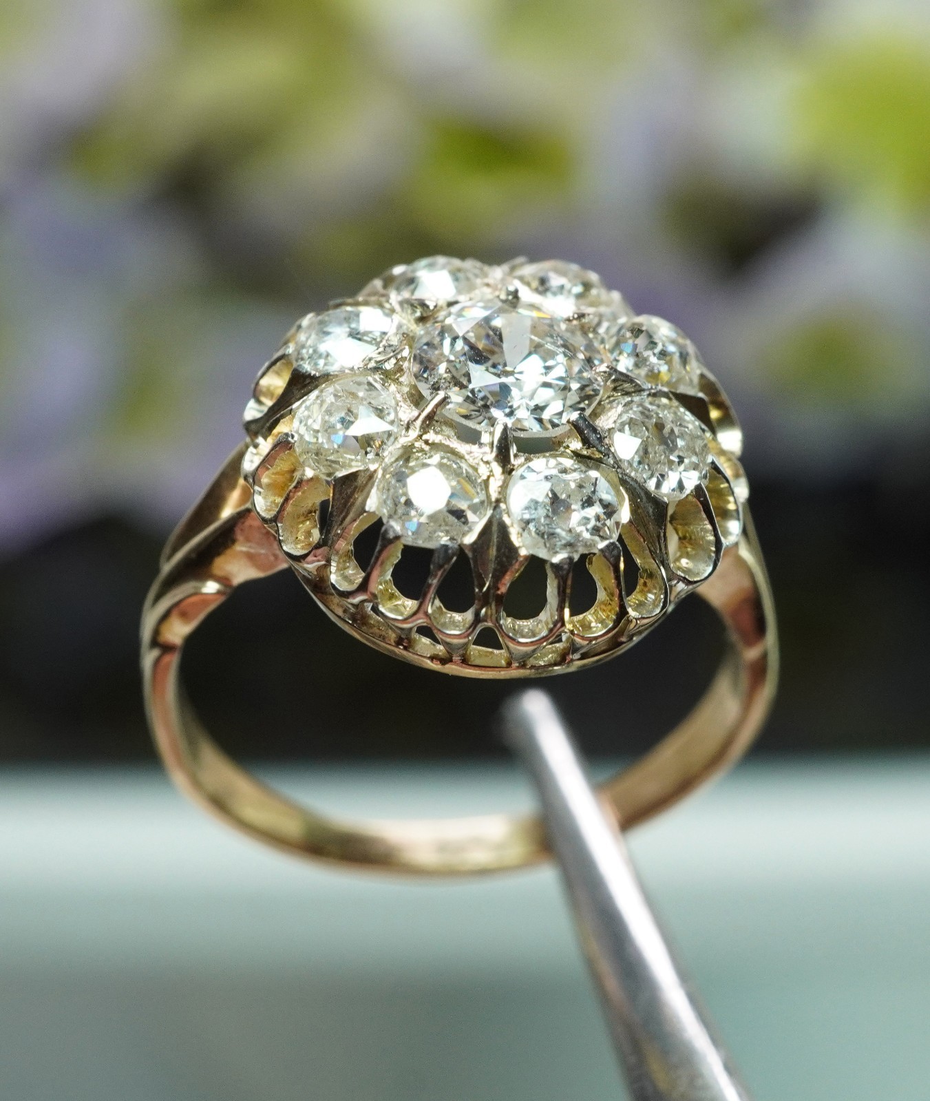Antique Victorian Old European Mine cut Diamond Filigree Halo Ring 14K Gold