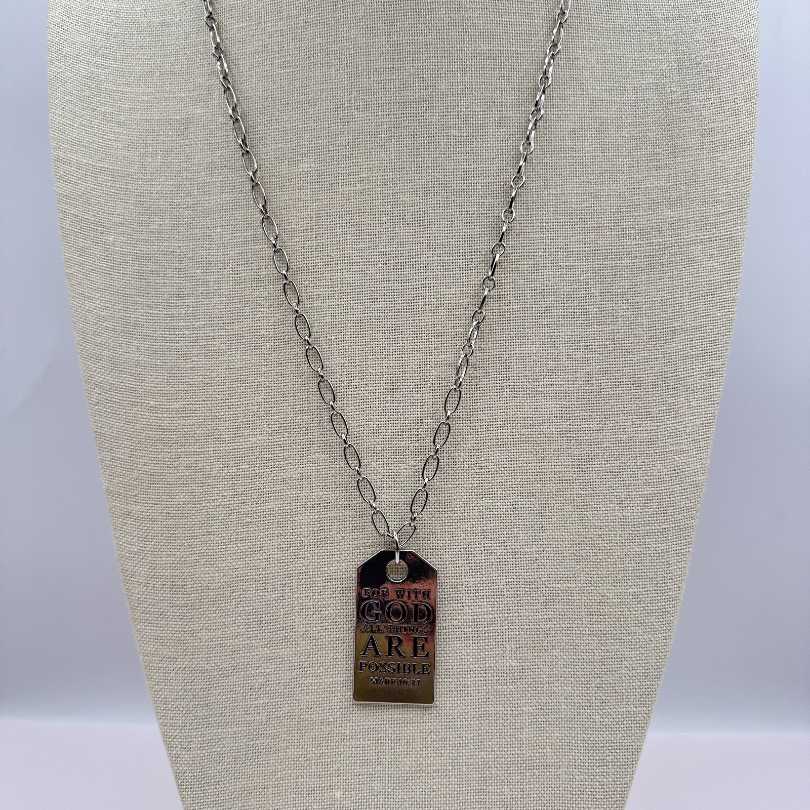Vintage 90s Silver Tone Mark 10:27 Dog Tag Pendant Necklace Classic Jewelry