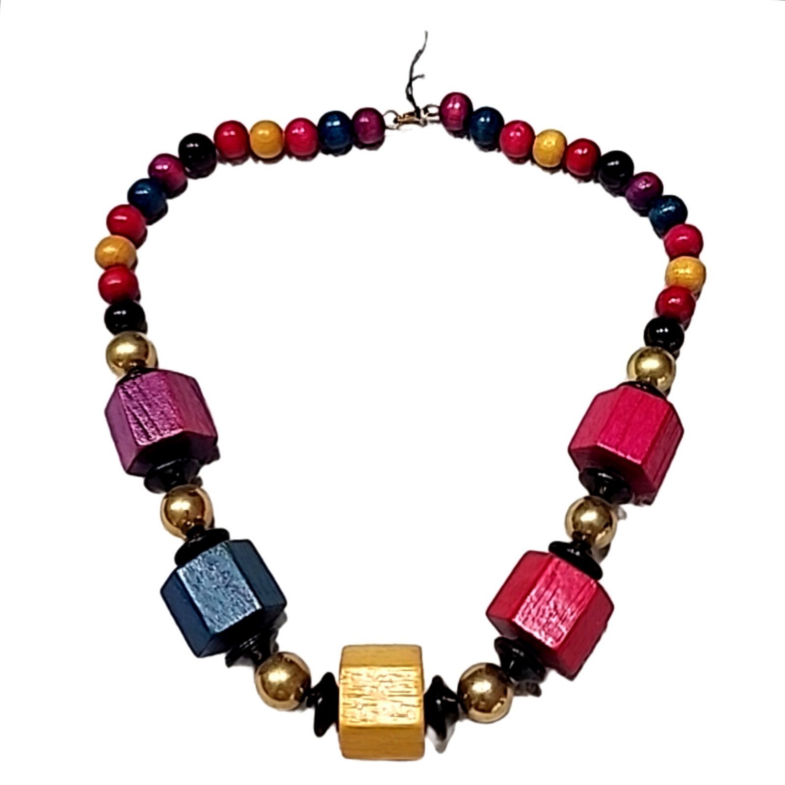 Vintage Natural Wood Bead Necklace Multicolor Chunky Statement Boho Artisan 14In