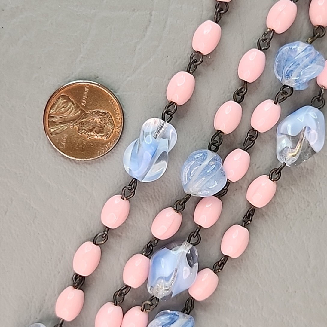 Vintage Art Deco Beaded Necklace Blue Givre Pink Milk Glass 59″ Long Flapper