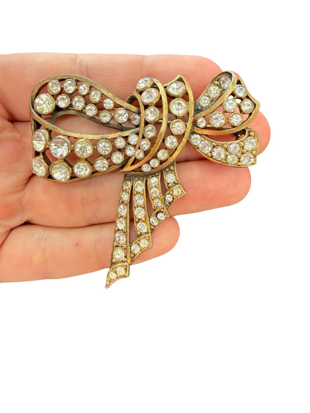 Vintage Staret Brooch Rhinestone Pot Metal Ribbon Bow Pin Statement Jewelry