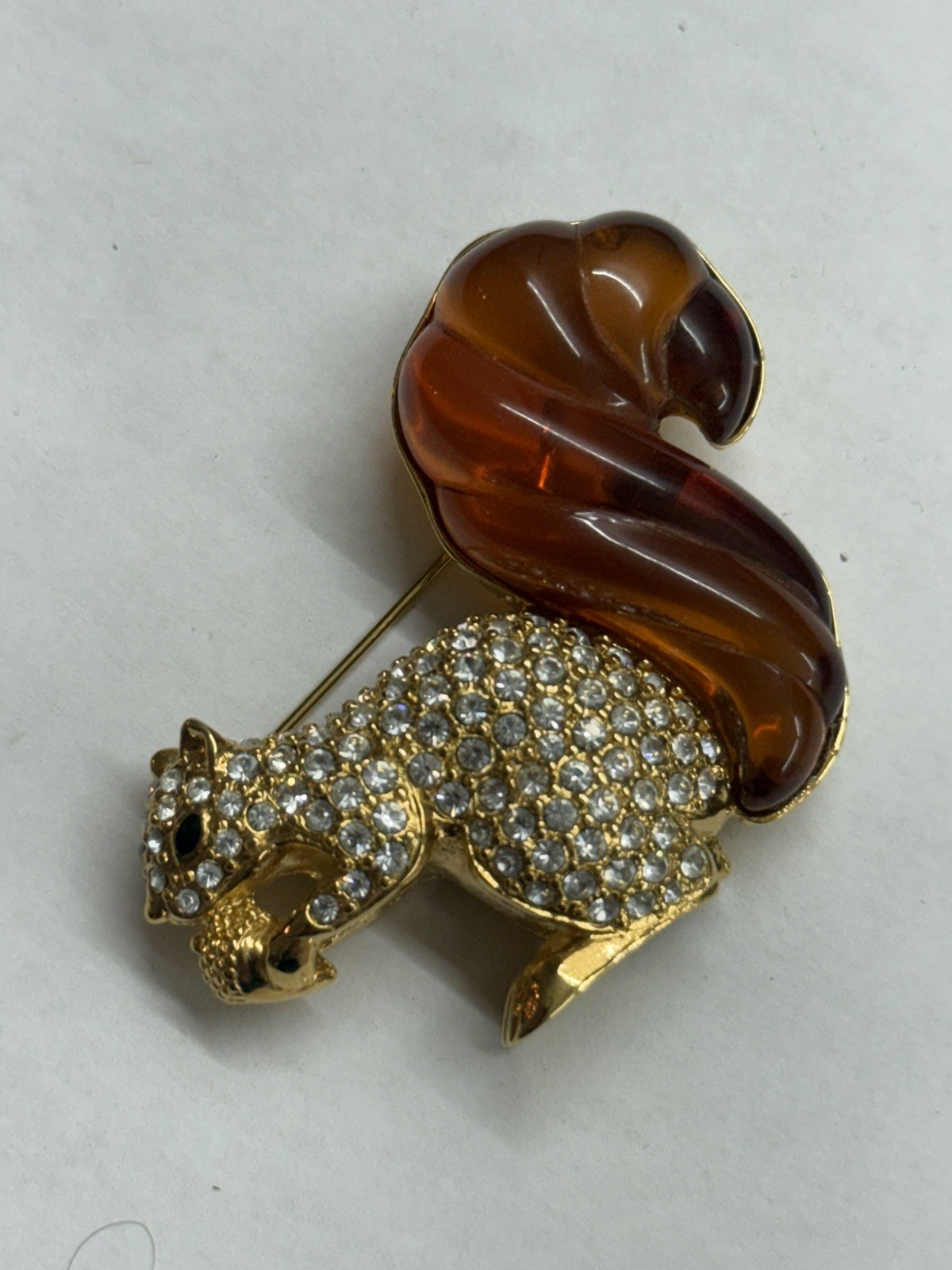 Swarovski Rhinestone & Amber Lucite Squirrel Nolan Miller Brooch pin
