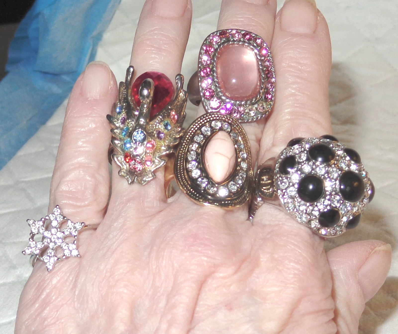 5x Vintage Estate COSTUME Jewelry COCKTAIL RING LOT Rhinestones, Moonglow, Domed