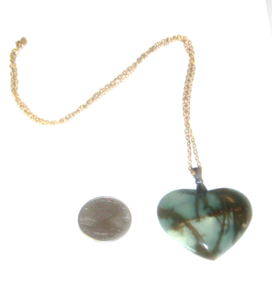 Vintage Green Heart Shaped Polished Stone Pendant Necklace ~ Charm on Chain-RARE